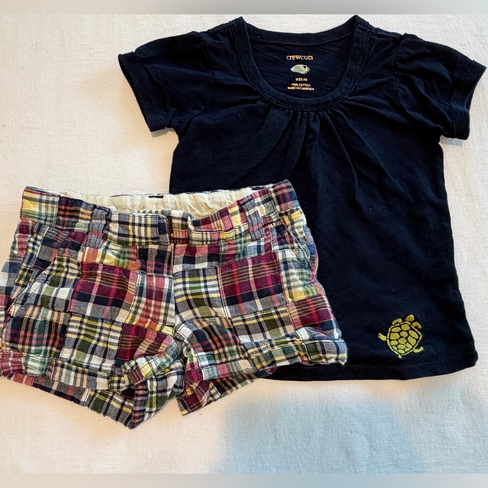J.Crew Crewcuts Navy Scoopneck Tee and Madras Plaid Shorts Size 2T Vintage